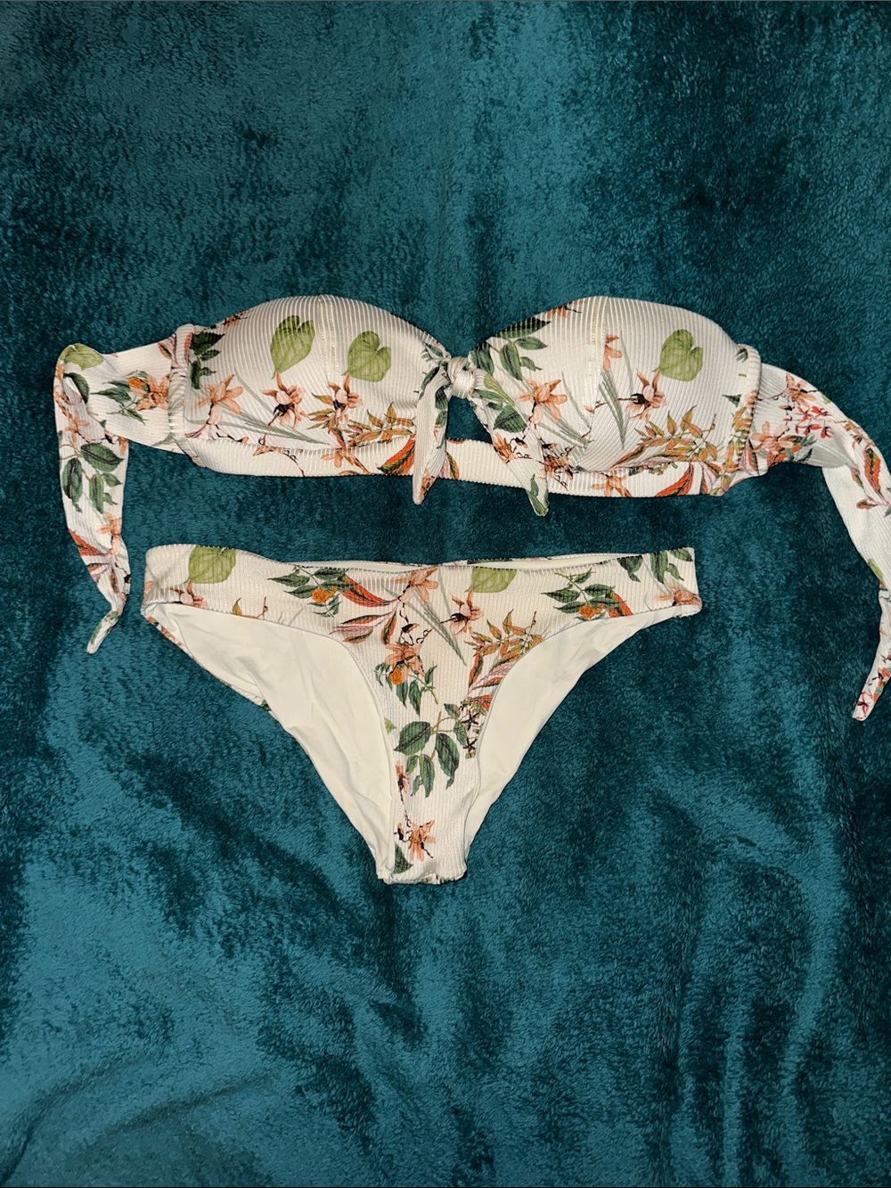 Floral Tie-Front Bandeau Bikini Set in White and Green